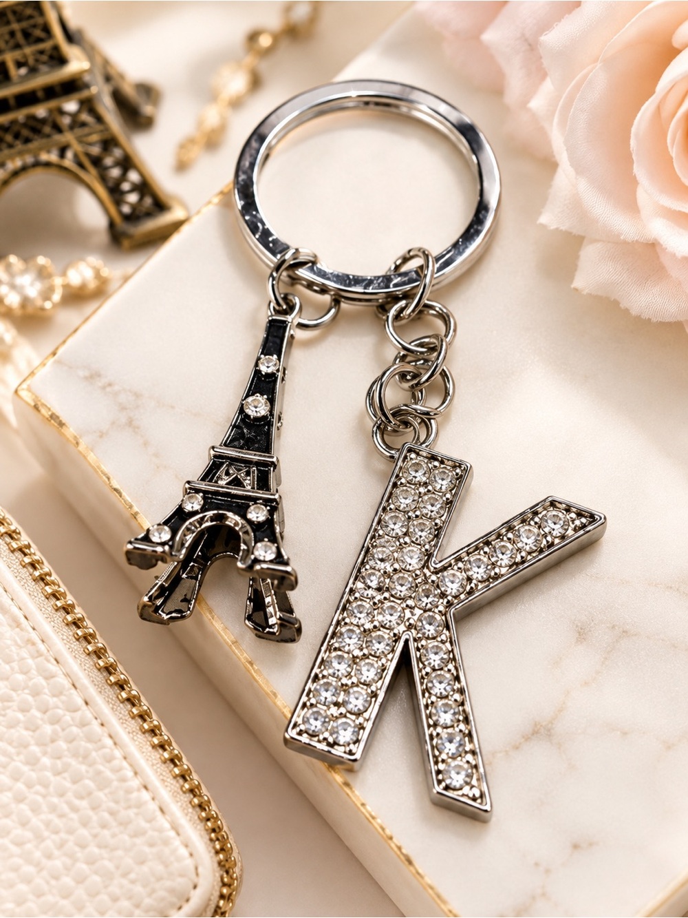 Silver Rhinestone Letter K Eiffel Tower Keychain Bag Charm